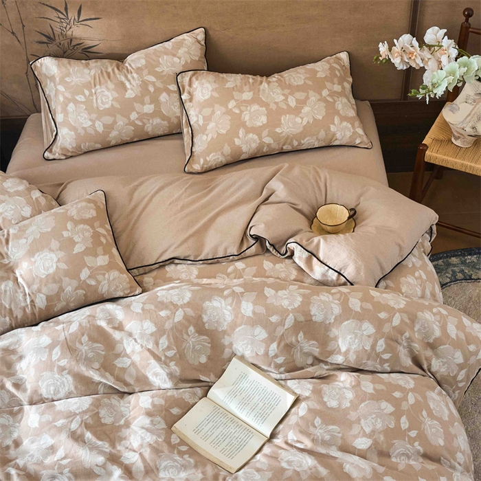 91家纺网 家纺一手货源 找家纺 兰紫橙家纺 2025新款全棉纯棉嵌边色织提花四件套 玫瑰之约-卡其