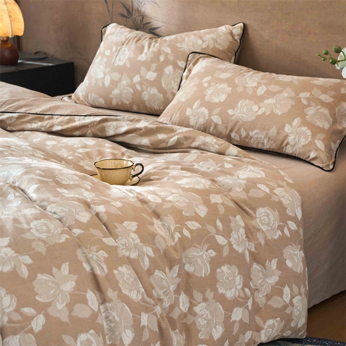 91家纺网 家纺一手货源 找家纺 兰紫橙家纺 2025新款全棉纯棉嵌边色织提花四件套 玫瑰之约-卡其