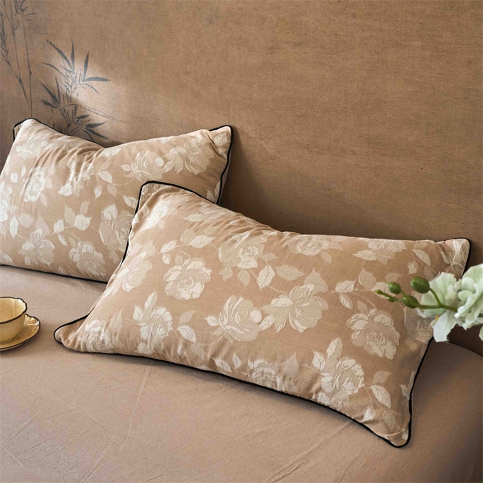 91家纺网 家纺一手货源 找家纺 兰紫橙家纺 2025新款全棉纯棉嵌边色织提花四件套 玫瑰之约-卡其