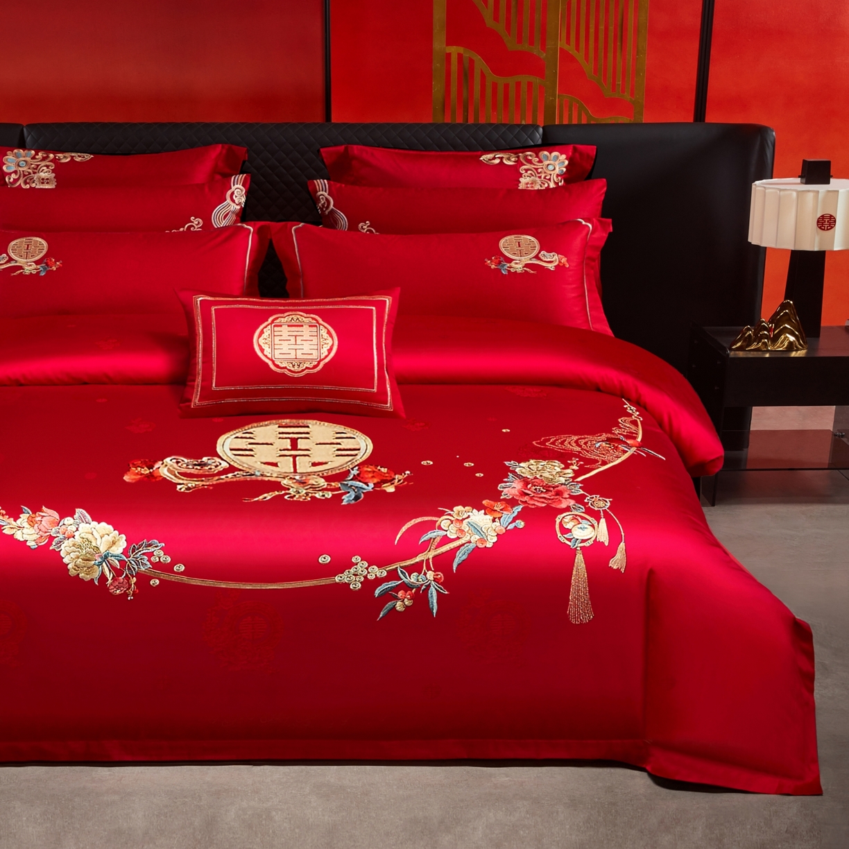 91家纺网 家纺一手货源 找家纺 宏羽纺家纺 2025新款高支高密纯棉婚庆系列四件套 永远花开