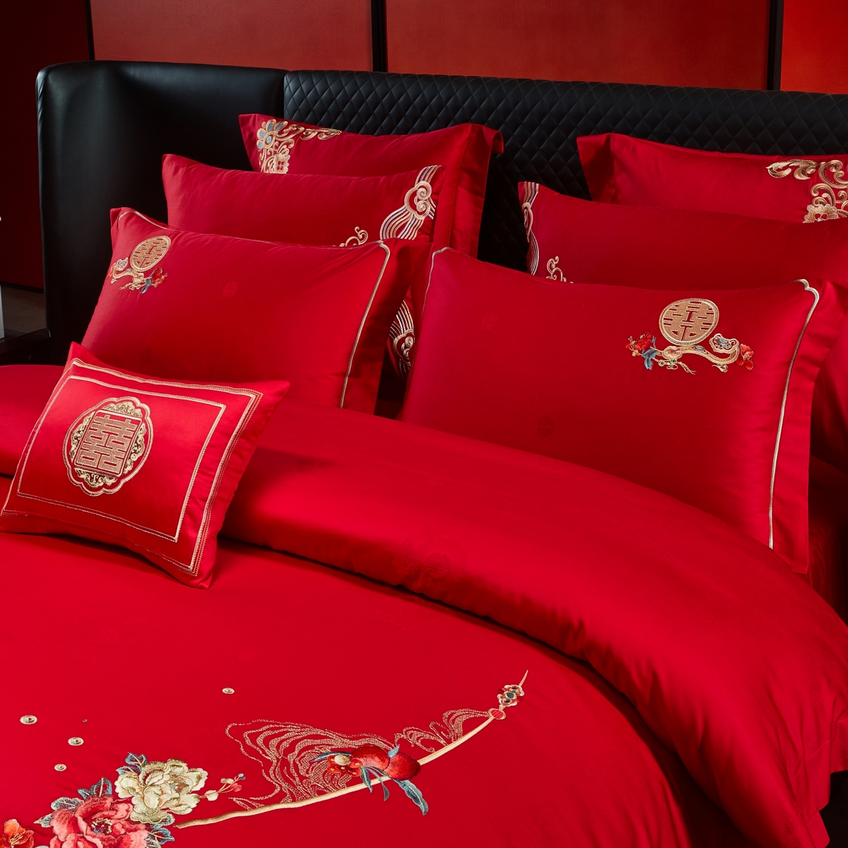 91家纺网 家纺一手货源 找家纺 宏羽纺家纺 2025新款高支高密纯棉婚庆系列四件套 永远花开