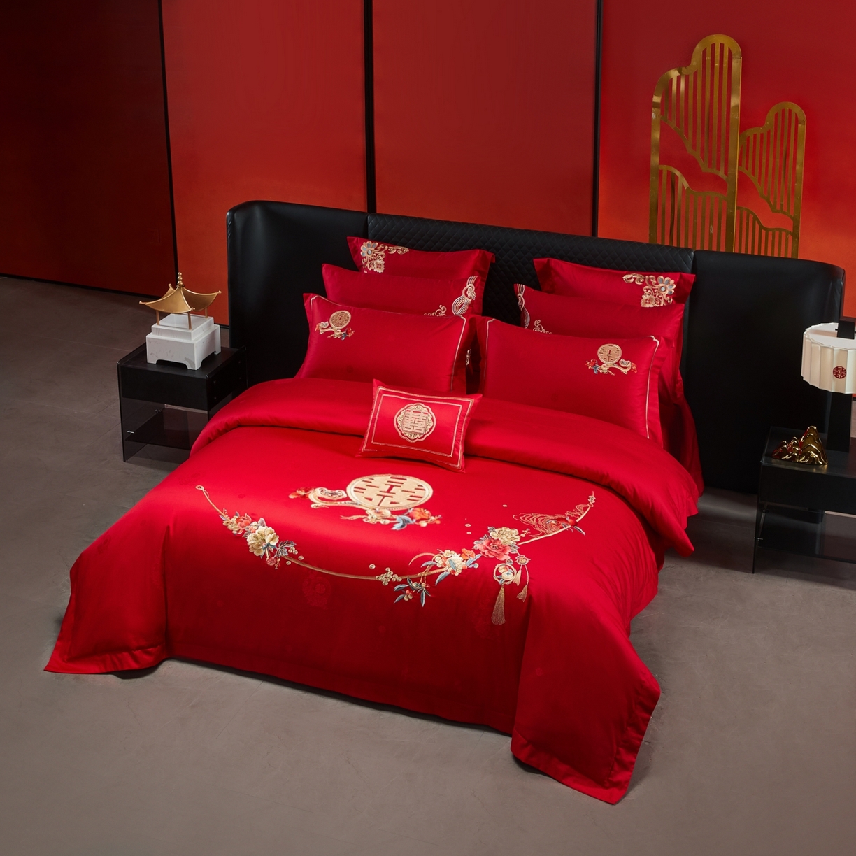 91家纺网 家纺一手货源 找家纺 宏羽纺家纺 2025新款高支高密纯棉婚庆系列四件套 永远花开