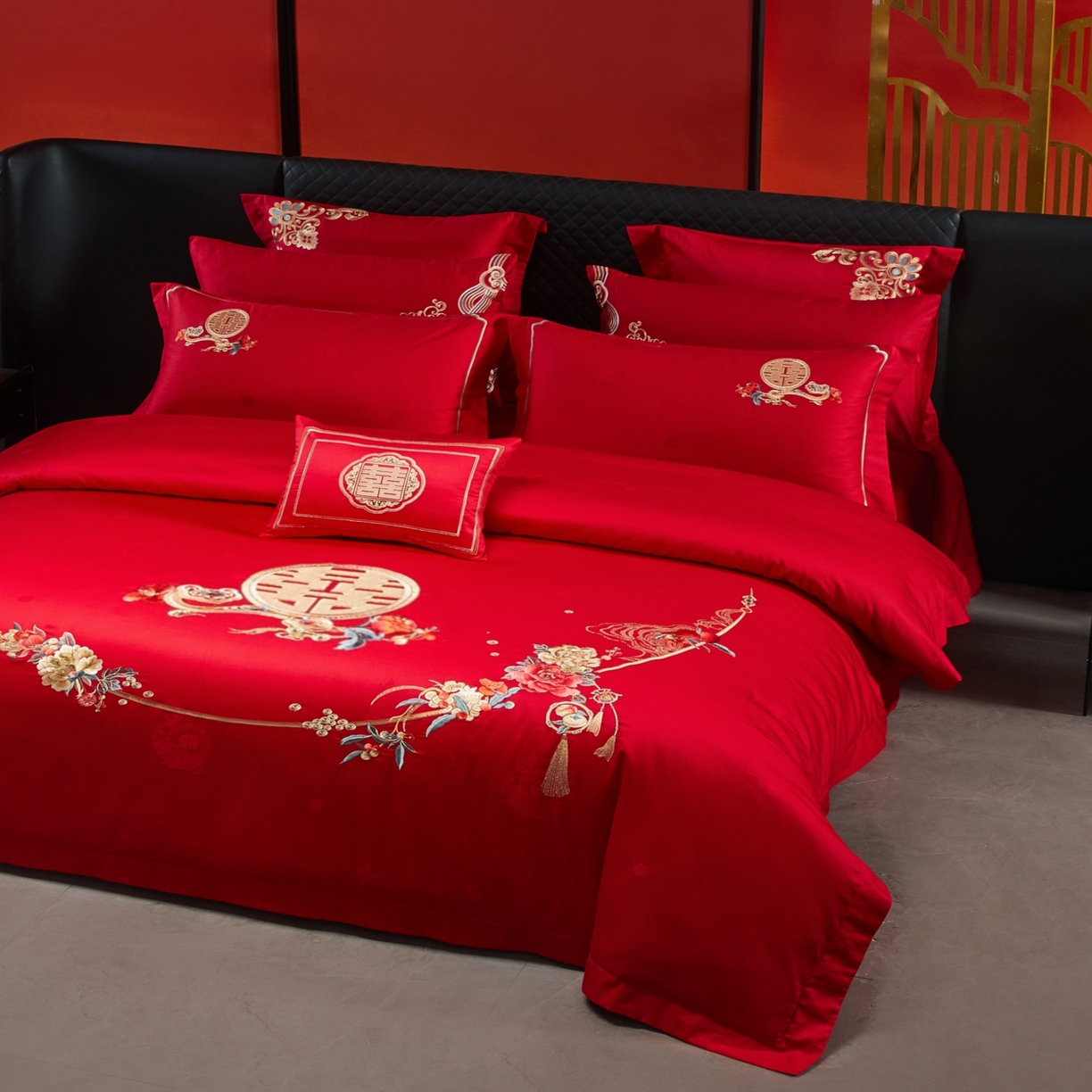 91家纺网 家纺一手货源 找家纺 宏羽纺家纺 2025新款高支高密纯棉婚庆系列四件套 永远花开