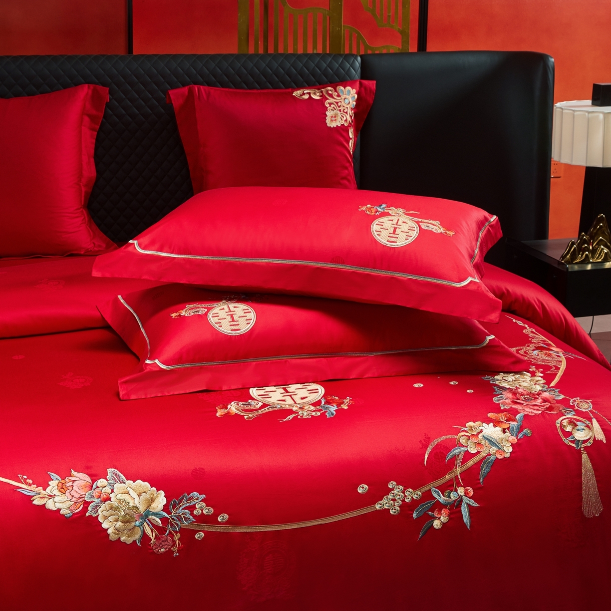 91家纺网 家纺一手货源 找家纺 宏羽纺家纺 2025新款高支高密纯棉婚庆系列四件套 永远花开