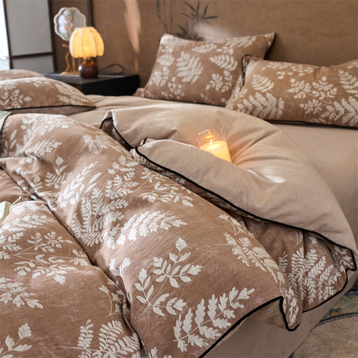 兰紫橙家纺 2025新款全棉纯棉嵌边色织提花四件套 浅叶-红咖