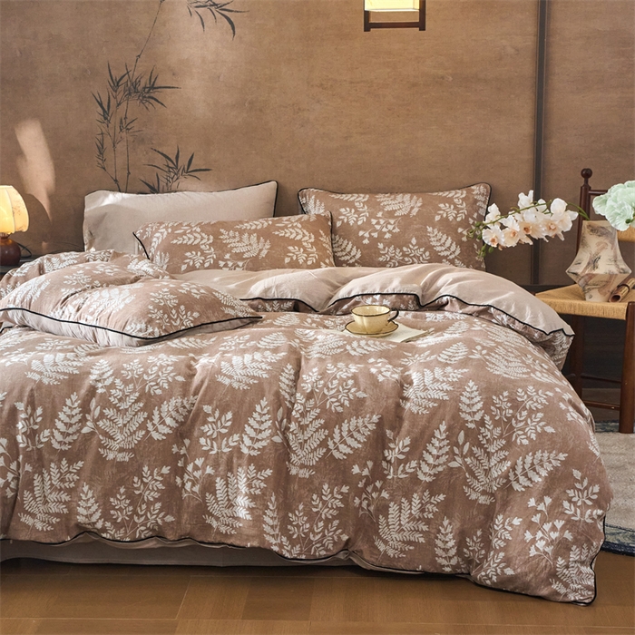 91家纺网 家纺一手货源 找家纺 兰紫橙家纺 2025新款全棉纯棉嵌边色织提花四件套 浅叶-红咖