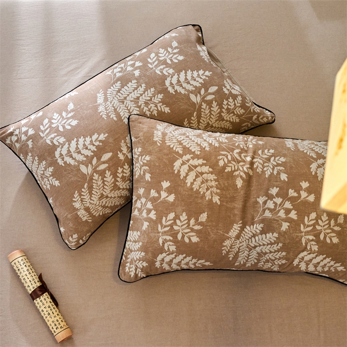 91家纺网 家纺一手货源 找家纺 兰紫橙家纺 2025新款全棉纯棉嵌边色织提花四件套 浅叶-红咖