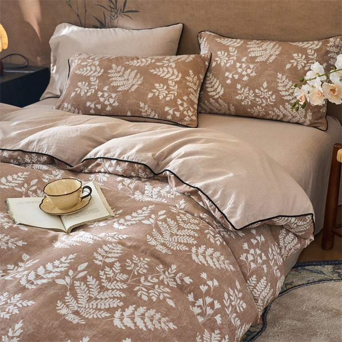 91家纺网 家纺一手货源 找家纺 兰紫橙家纺 2025新款全棉纯棉嵌边色织提花四件套 浅叶-红咖