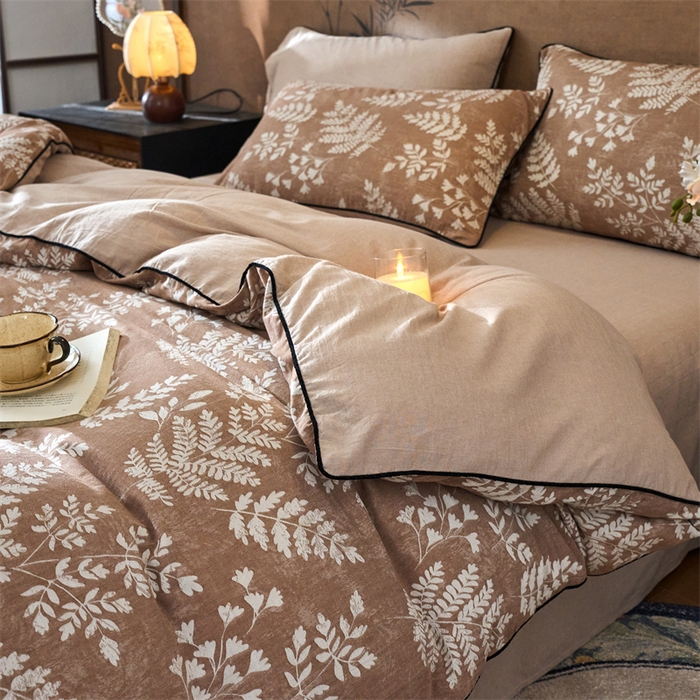 91家纺网 家纺一手货源 找家纺 兰紫橙家纺 2025新款全棉纯棉嵌边色织提花四件套 浅叶-红咖