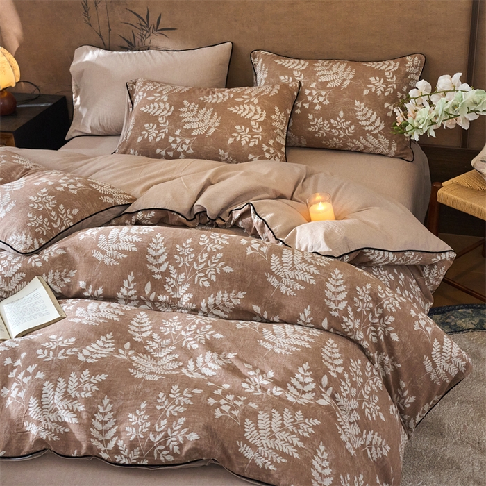 91家纺网 家纺一手货源 找家纺 兰紫橙家纺 2025新款全棉纯棉嵌边色织提花四件套 浅叶-红咖