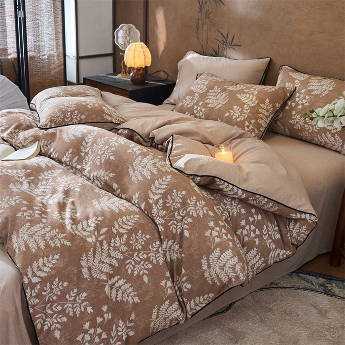 91家纺网 家纺一手货源 找家纺 兰紫橙家纺 2025新款全棉纯棉嵌边色织提花四件套 浅叶-红咖