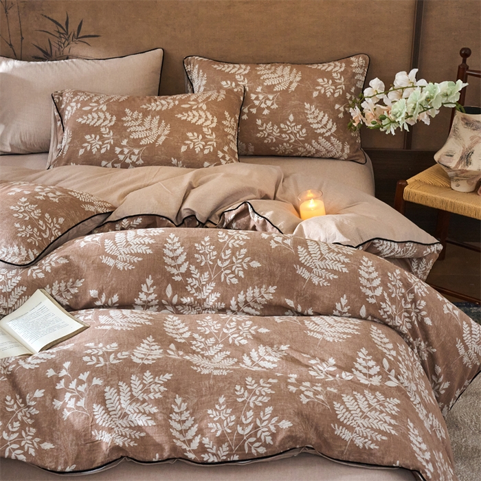 91家纺网 家纺一手货源 找家纺 兰紫橙家纺 2025新款全棉纯棉嵌边色织提花四件套 浅叶-红咖