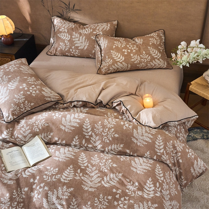 91家纺网 家纺一手货源 找家纺 兰紫橙家纺 2025新款全棉纯棉嵌边色织提花四件套 浅叶-红咖