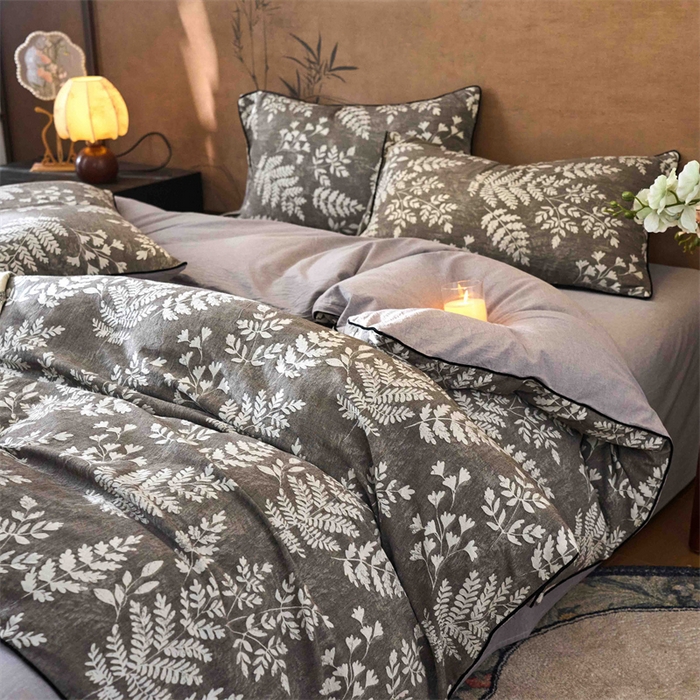 兰紫橙家纺 2025新款全棉纯棉嵌边色织提花四件套 浅叶-咖啡