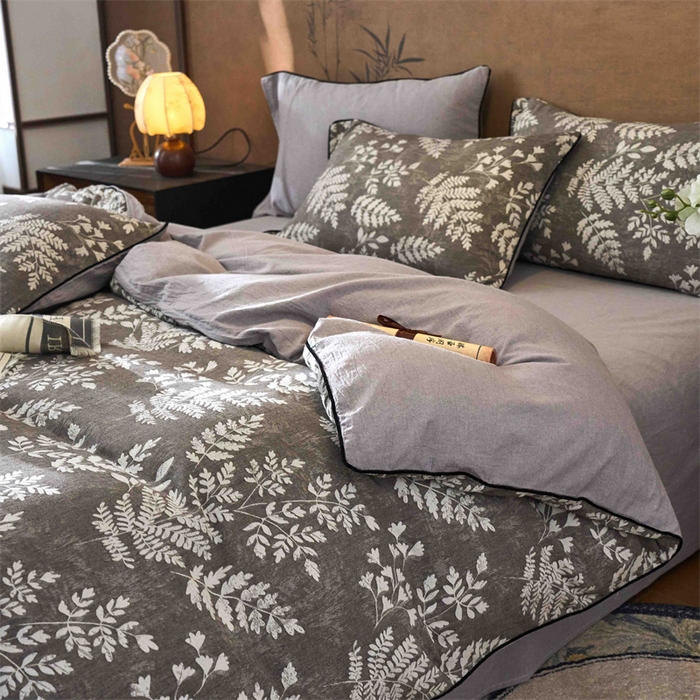 91家纺网 家纺一手货源 找家纺 兰紫橙家纺 2025新款全棉纯棉嵌边色织提花四件套 浅叶-咖啡