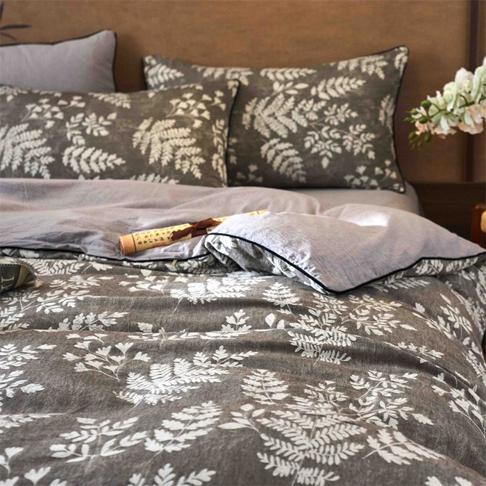 91家纺网 家纺一手货源 找家纺 兰紫橙家纺 2025新款全棉纯棉嵌边色织提花四件套 浅叶-咖啡