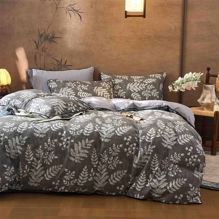 91家纺网 家纺一手货源 找家纺 兰紫橙家纺 2025新款全棉纯棉嵌边色织提花四件套 浅叶-咖啡