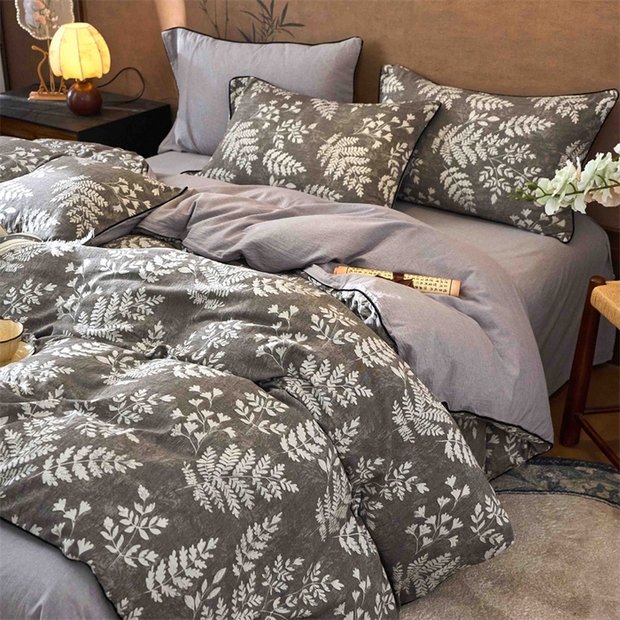 91家纺网 家纺一手货源 找家纺 兰紫橙家纺 2025新款全棉纯棉嵌边色织提花四件套 浅叶-咖啡