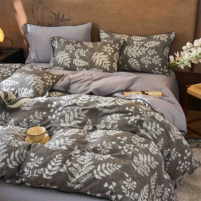 91家纺网 家纺一手货源 找家纺 兰紫橙家纺 2025新款全棉纯棉嵌边色织提花四件套 浅叶-咖啡