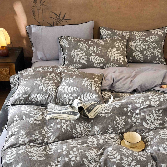 91家纺网 家纺一手货源 找家纺 兰紫橙家纺 2025新款全棉纯棉嵌边色织提花四件套 浅叶-咖啡