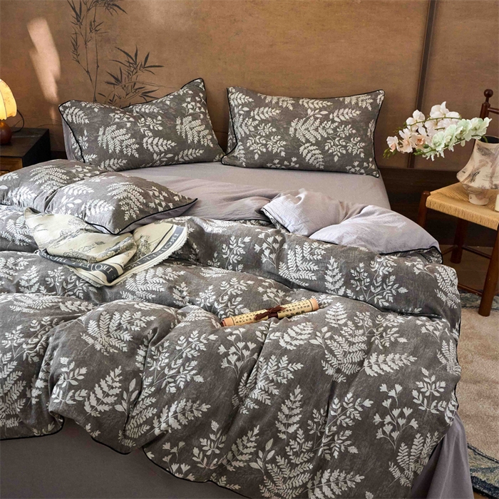 91家纺网 家纺一手货源 找家纺 兰紫橙家纺 2025新款全棉纯棉嵌边色织提花四件套 浅叶-咖啡