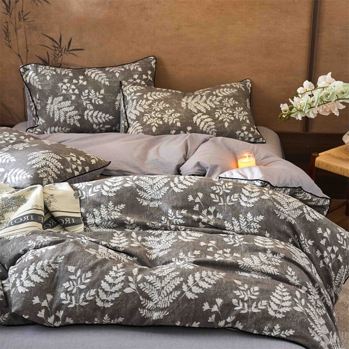 91家纺网 家纺一手货源 找家纺 兰紫橙家纺 2025新款全棉纯棉嵌边色织提花四件套 浅叶-咖啡