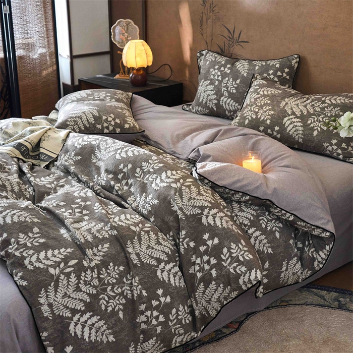 91家纺网 家纺一手货源 找家纺 兰紫橙家纺 2025新款全棉纯棉嵌边色织提花四件套 浅叶-咖啡