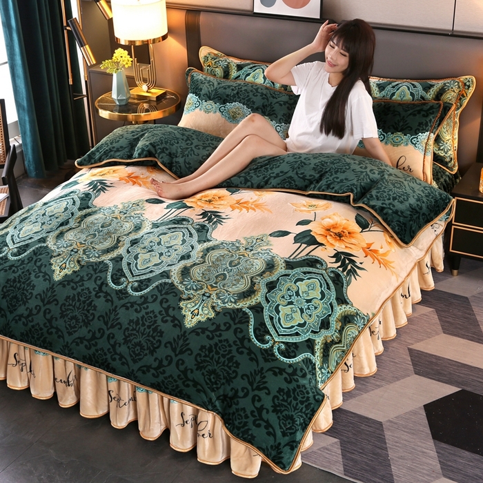 91家纺网 家纺一手货源 找家纺 望淮 2025新款230g印花金貂绒牛奶绒四件套 秘密花园绿