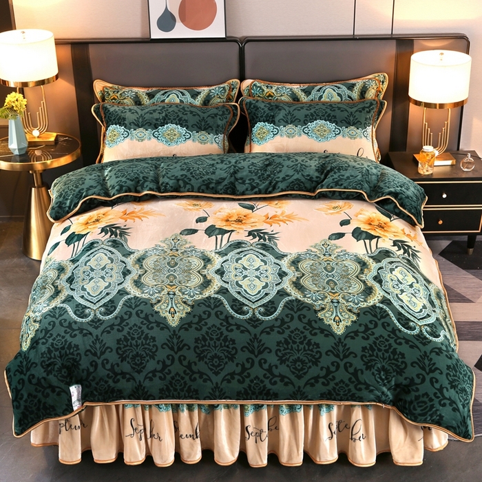 91家纺网 家纺一手货源 找家纺 望淮 2025新款230g印花金貂绒牛奶绒四件套 秘密花园绿