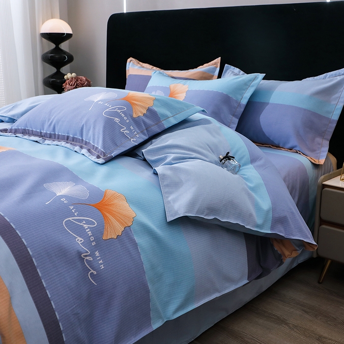 91家纺网 家纺一手货源 找家纺 馨雅家纺 2025新款全棉纯棉磨毛系列四件套 若雨千叶-蓝