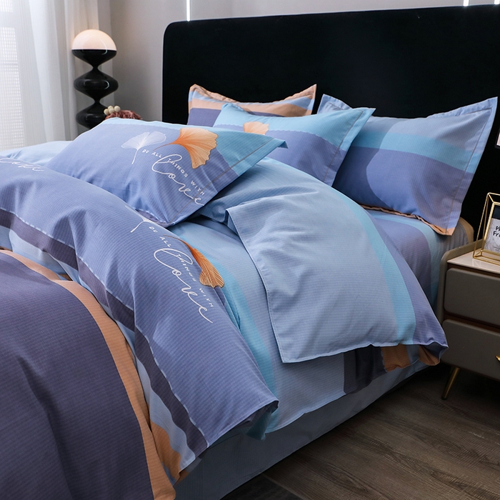 91家纺网 家纺一手货源 找家纺 馨雅家纺 2025新款全棉纯棉磨毛系列四件套 若雨千叶-蓝