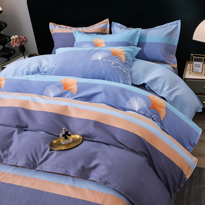 91家纺网 家纺一手货源 找家纺 馨雅家纺 2025新款全棉纯棉磨毛系列四件套 若雨千叶-蓝