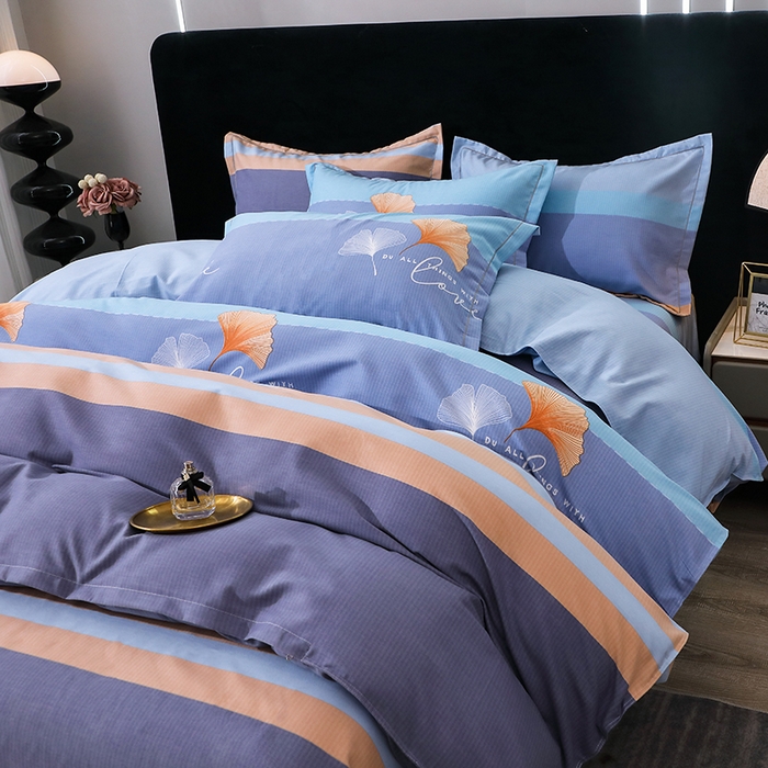 91家纺网 家纺一手货源 找家纺 馨雅家纺 2025新款全棉纯棉磨毛系列四件套 若雨千叶-蓝