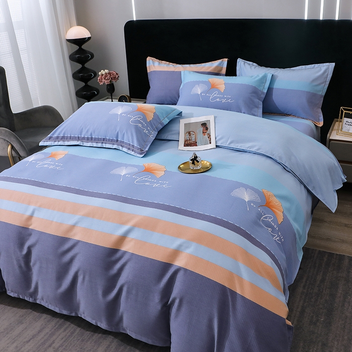 91家纺网 家纺一手货源 找家纺 馨雅家纺 2025新款全棉纯棉磨毛系列四件套 若雨千叶-蓝