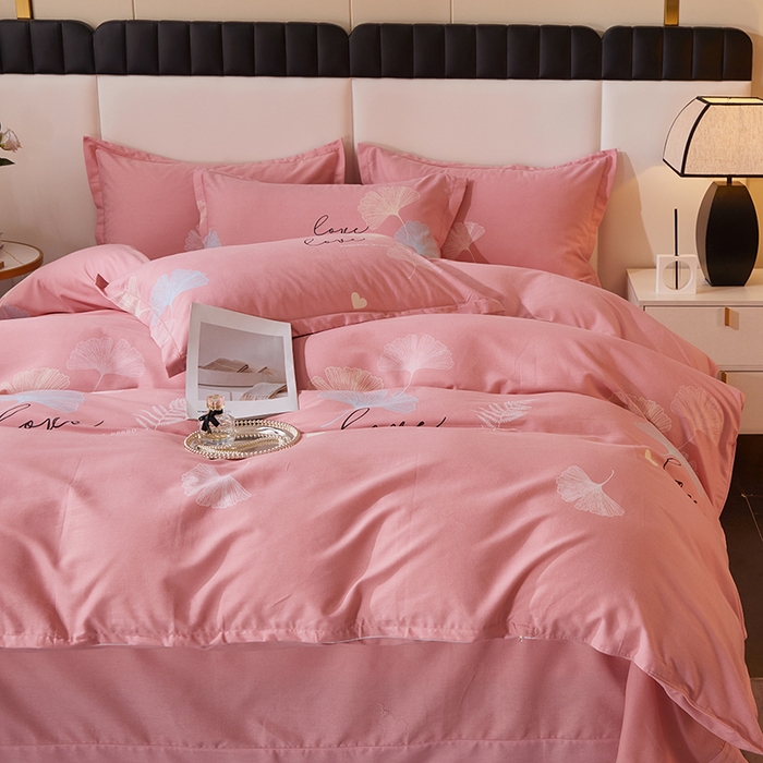 91家纺网 家纺一手货源 找家纺 馨雅家纺 2025新款全棉纯棉磨毛系列四件套 法香银杏-粉