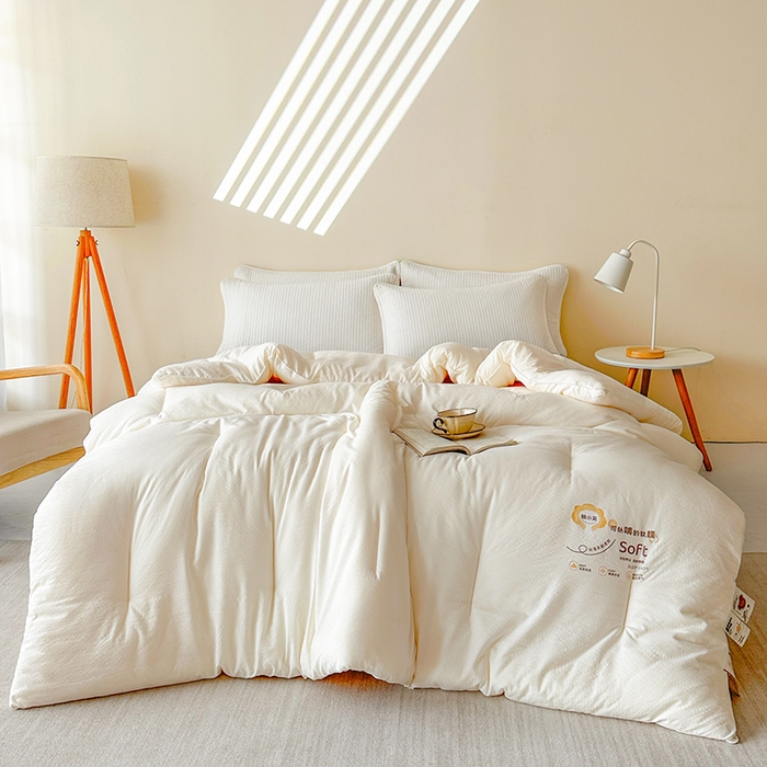 91家纺网 家纺一手货源 找家纺 欧夏家纺 2025新款亲肤舒适皱皱棉小芙提花大豆被被子被芯 奶昔白