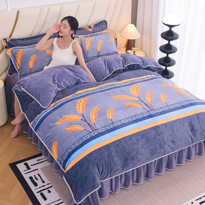 91家纺网 家纺一手货源 找家纺 （总）首选家纺 2025新款加厚保暖牛奶绒金貂绒法莱绒床裙款四件套