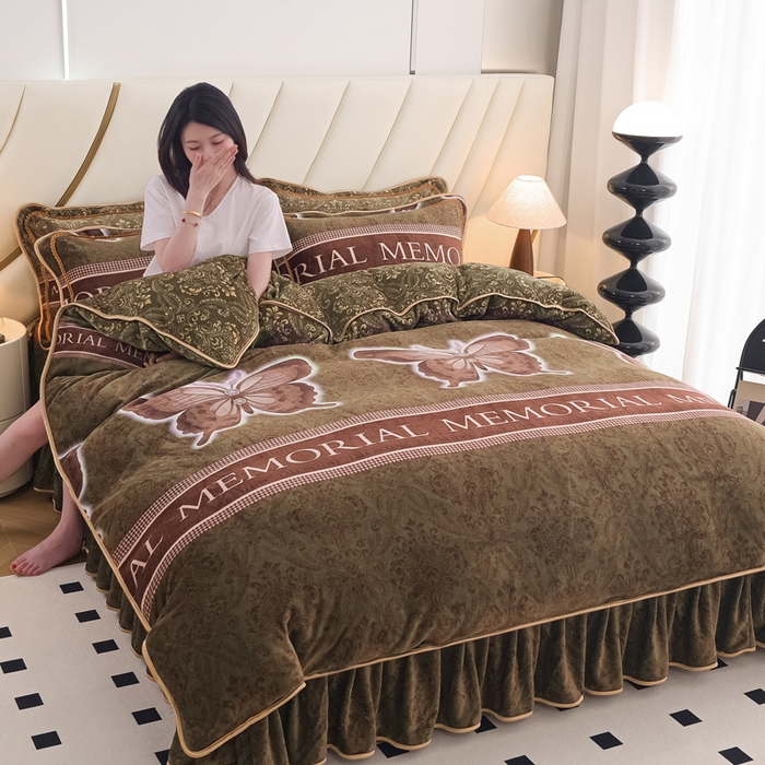 91家纺网 家纺一手货源 找家纺 （总）首选家纺 2025新款加厚保暖牛奶绒金貂绒法莱绒床裙款四件套