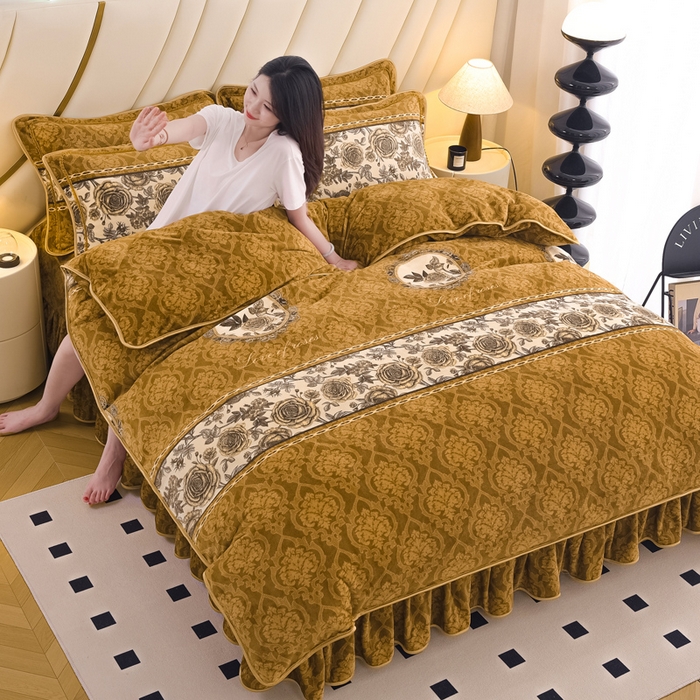 91家纺网 家纺一手货源 找家纺 （总）首选家纺 2025新款加厚保暖牛奶绒金貂绒法莱绒床裙款四件套