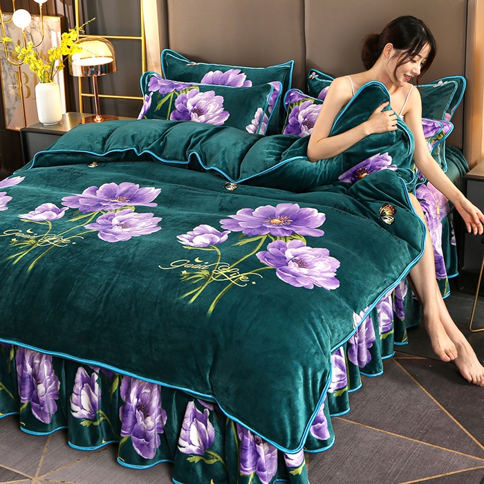 91家纺网 家纺一手货源 找家纺 （总）首选家纺 2025新款加厚保暖牛奶绒金貂绒法莱绒床裙款四件套