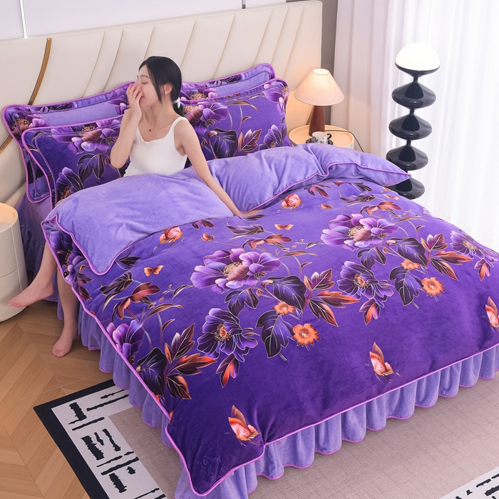 91家纺网 家纺一手货源 找家纺 （总）首选家纺 2025新款加厚保暖牛奶绒金貂绒法莱绒床裙款四件套