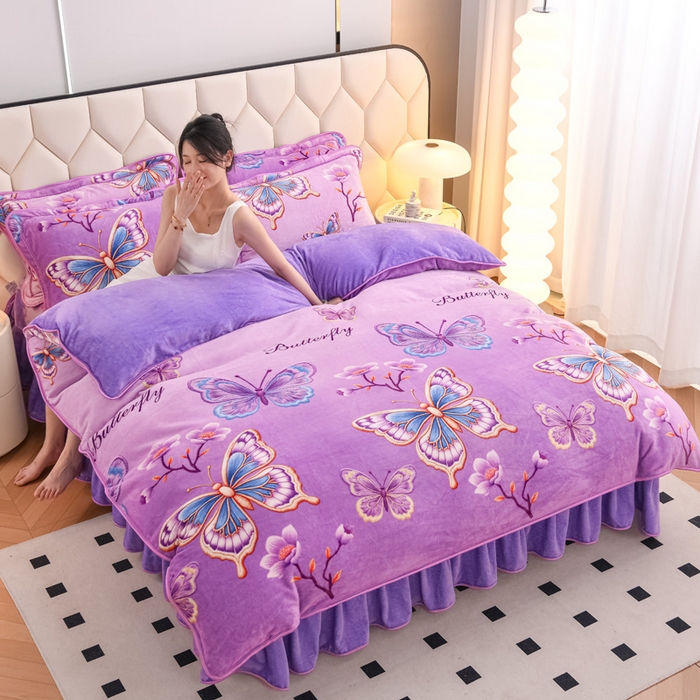 91家纺网 家纺一手货源 找家纺 （总）首选家纺 2025新款加厚保暖牛奶绒金貂绒法莱绒床裙款四件套