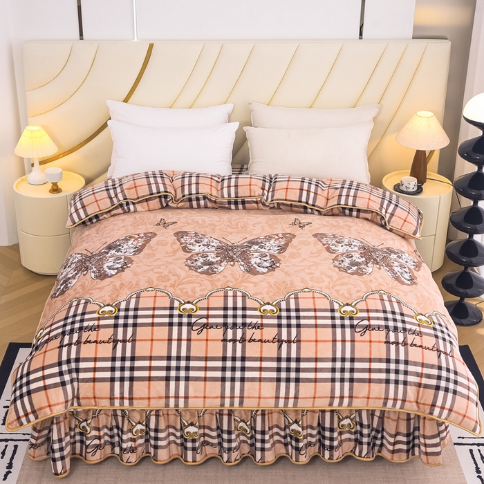 91家纺网 家纺一手货源 找家纺 首选家纺 2025新款加厚保暖牛奶绒金貂绒法莱绒床裙款四件套 宝利格