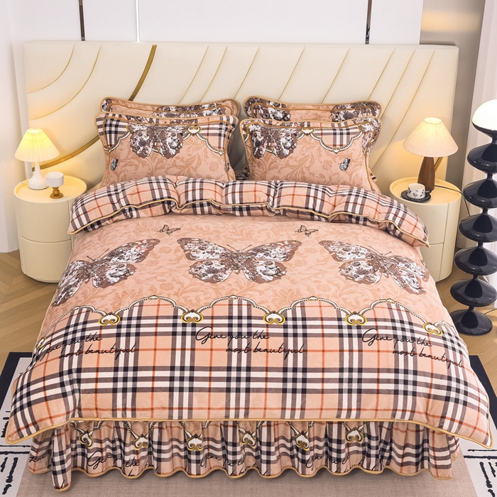 91家纺网 家纺一手货源 找家纺 首选家纺 2025新款加厚保暖牛奶绒金貂绒法莱绒床裙款四件套 宝利格