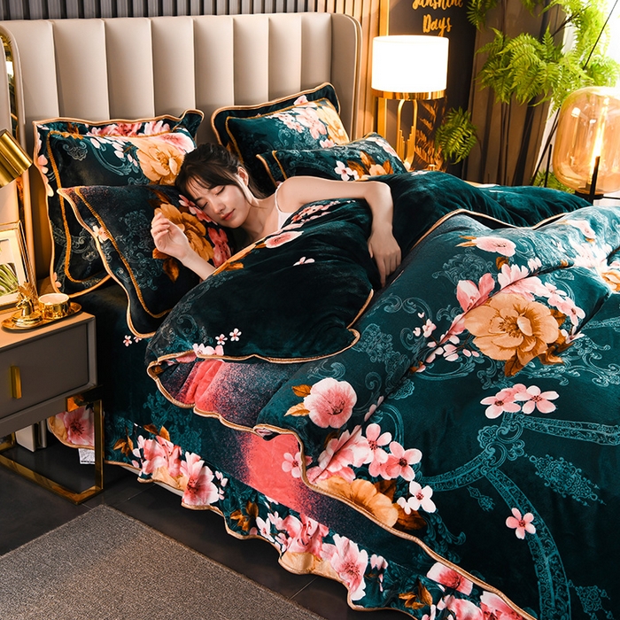 91家纺网 家纺一手货源 找家纺 首选家纺 2025新款加厚保暖牛奶绒金貂绒法莱绒床裙款四件套 花好月圆