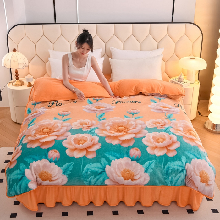 91家纺网 家纺一手货源 找家纺 首选家纺 2025新款加厚保暖牛奶绒金貂绒法莱绒床裙款四件套 花香疏影