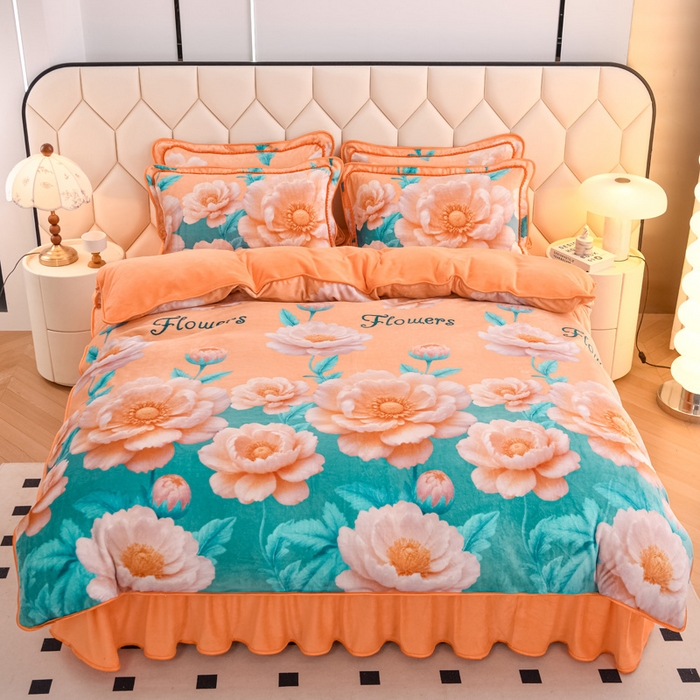 91家纺网 家纺一手货源 找家纺 首选家纺 2025新款加厚保暖牛奶绒金貂绒法莱绒床裙款四件套 花香疏影