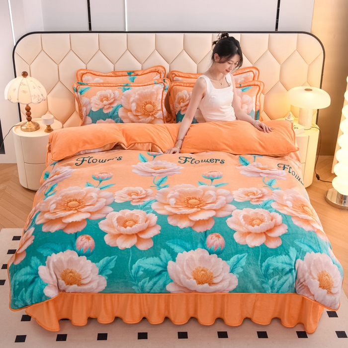 91家纺网 家纺一手货源 找家纺 首选家纺 2025新款加厚保暖牛奶绒金貂绒法莱绒床裙款四件套 花香疏影