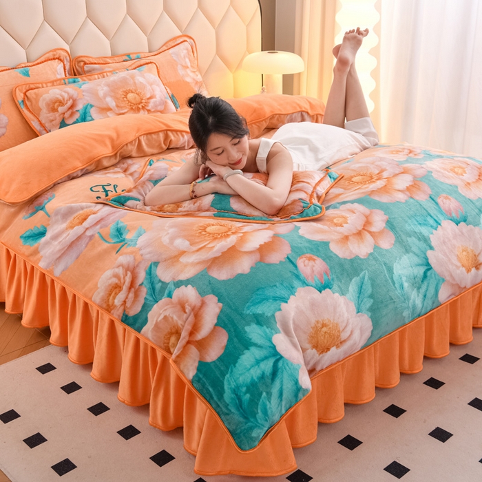 91家纺网 家纺一手货源 找家纺 首选家纺 2025新款加厚保暖牛奶绒金貂绒法莱绒床裙款四件套 花香疏影