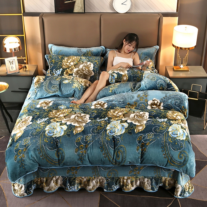 91家纺网 家纺一手货源 找家纺 首选家纺 2025新款加厚保暖牛奶绒金貂绒法莱绒床裙款四件套 绿野仙踪